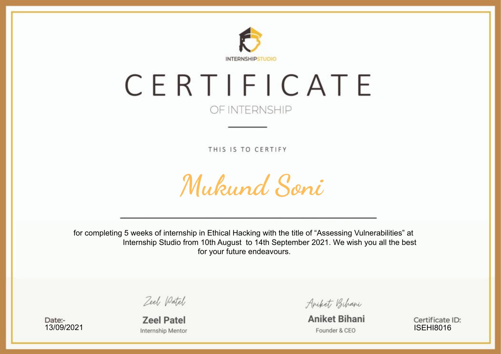 Cybersecurity & Mitigation Internship Certificate